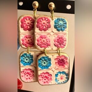 Floral Tile Dangle Earrings Polymer Clay Handmade